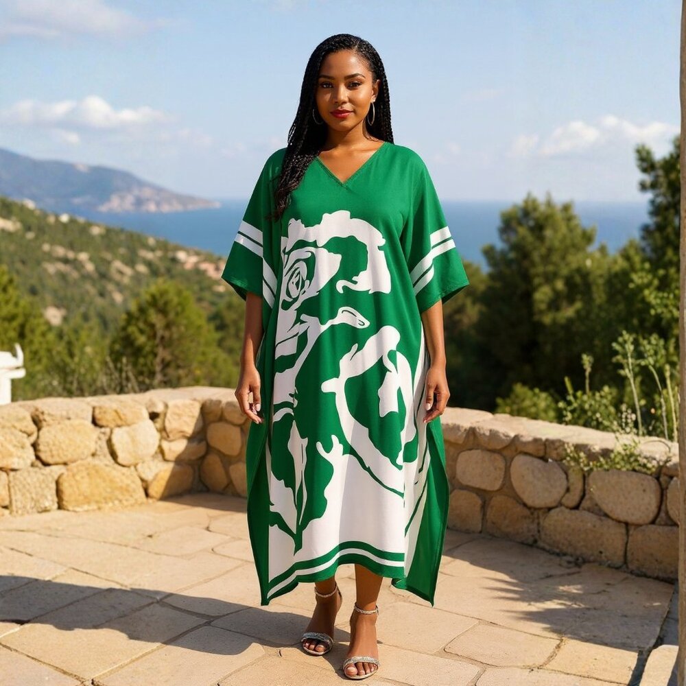 Gypsie Blu Women Plus Size Fit & Flare Floral Green Kaftan Maxi Dress Mother Day